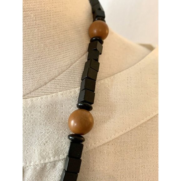 vintage Bohemian Wooden beaded Necklace Exotic Black Brown Mixed Shapes - Picture 5 of 9